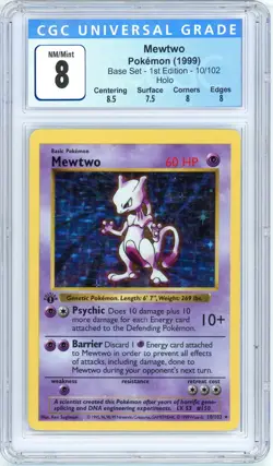 Pokemon Mewtwo #10 Base Set 1st Edition Shadowless Holo CGC 8 NM/Mint - Image 1