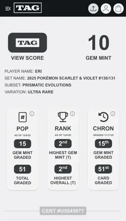 2025 Pokemon Scarlet & Violet Prismatic Evolution ERI 136/131 Ultra Rare TAG 10 - Image 2