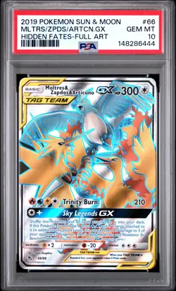 Pokemon TCG Hidden Fates Full Art Moltres & Zapdos & Articuno GX 66/68 PSA 10 - Image 1