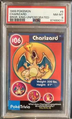 1999 Pokemon Burger King UnPerforated Charizard #6 - PSA 8 - Image 1