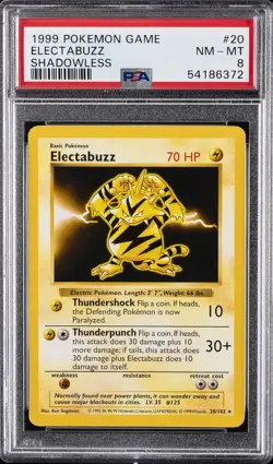1999 POKEMON BASE SET SHADOWLESS #20 ELECTABUZZ PSA 8 - Image 1
