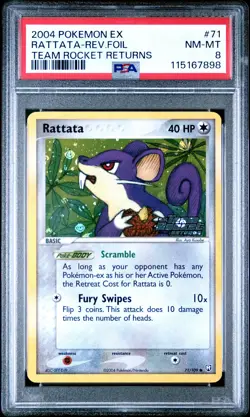 2004 POKEMON EX TEAM ROCKET RETURNS #71 RATTATA-REVERSE FOIL PSA 8 - Image 1