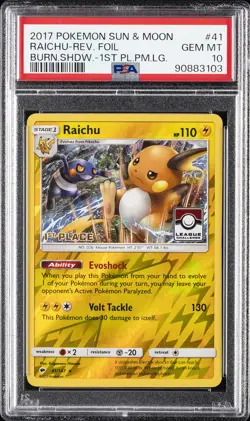 2017 POKEMON SUN & MOON BURNING SHADOWS #41 RAICHU-REVERSE FOIL PSA 10 - Image 1