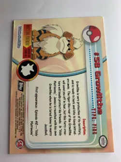 1999 Topps Pokemon TV #58 Growlithe (B) Silver Foil Black Logo (Rays 2nd Print) - Image 2