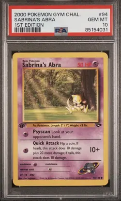 Pokemon PSA 10 1st Edition Gym Challenge Sabrina’s Abra #94 - Image 1