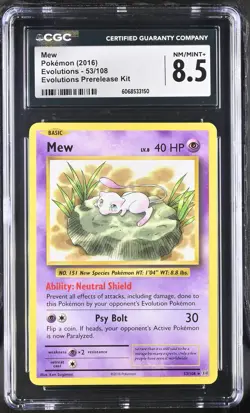 CGC 8.5 Mew 2016 Evolutions 53/108 Evolutions Prerelease Kit Pokemon Card - Image 1