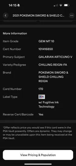 Galarian Articuno V 170/198 PSA 10 Sword & Shield Chilling Reign Pokemon Tcg - Image 4
