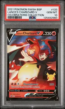 2021 POKEMON TCG SWSH CELEBRATIONS LANCE'S CHARIZARD V HOLO PROMO CARD PSA 10 - Image 1