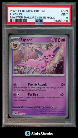2025 POKEMON PRISMATIC EVOLUTIONS #033/191 ESPEON REVERSE HOLO MASTER BALL PSA 9 - Image 1