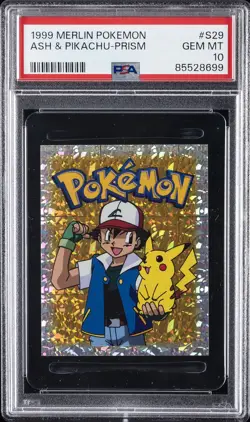 1999 MERLIN POKEMON #S29 ASH & PIKACHU-PRISM PSA 10 - Image 1