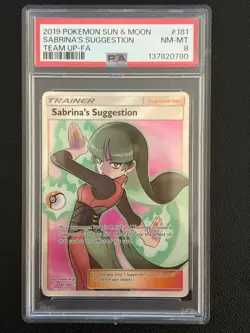 2019 POKEMON SUN & MOON TEAM UP #181 FULL ART/SABRINA'S SUGGESTION PSA 8 - Image 1