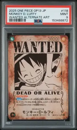 2025 ONE PIECE JPN OP13 #118 MONKEY D. LUFFY WANTED ALTERNATE ART PSA 9 (872 - Image 1