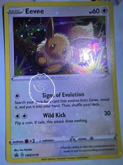 Pokemon TCG Eevee SWSH118 EXTREMELY RARE FULL CARD HOLO BLEED 🩸 WITH SWIRL - Image 1
