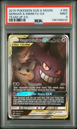 2019 POKEMON SUN & MOON TEAM UP #165 FULL ART/GENGAR & MIMIKYU GX PSA 9 - Image 1