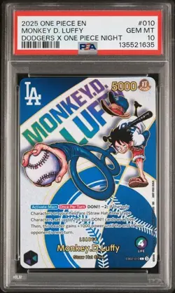 2025 ONE PIECE PROMOS DODGERS X ONE PIECE NIGHT #010 MONKEY D. LUFFY PSA 10 - Image 1