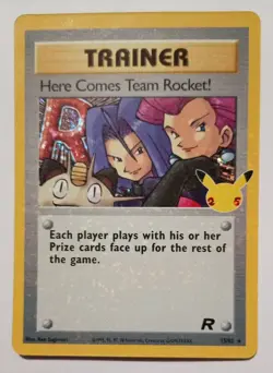 TRAINER CARD HERE COMES TEAM ROCKET 25TH CELEBRATION 15/82 HOLO GOOD CONDITION - Image 1