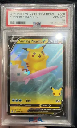 2021 POKEMON CELEBRATIONS #008 SURFING PIKACHU V PSA 10 - Image 1