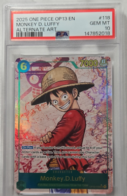 One Piece Monkey.D.Luffy OP13-118 Secret Rare Foil Alt Art 2025 PSA 10 - Image 1