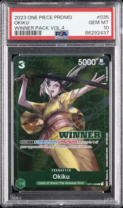 2023 ONE PIECE PROMOS WINNER PACK VOL.4 #035 OKIKU PSA 10 - Image 1