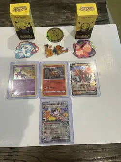 Pokemon TCG Holo Ultra Rare 4 Mint Cards 2Pins Coin 2 Random Key Chains No Dupes - Image 1