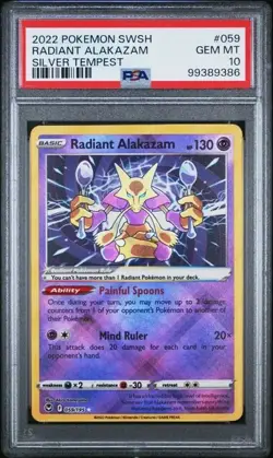 2022 POKEMON SWORD & SHIELD SILVER TEMPEST #059 RADIANT ALAKAZAM PSA 10 - Image 1