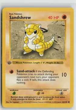 1st Edition Sandshrew 62/102 Common Base Set Shadowless Pokemon NM - Image 1