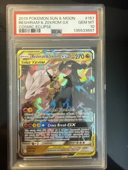 PSA 10 GEM-MINT Reshiram & Zekrom GX Tag Team Pokemon 2019 Cosmic Eclipse #157 - Image 1
