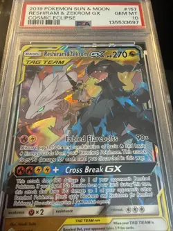 PSA 10 GEM-MINT Reshiram & Zekrom GX Tag Team Pokemon 2019 Cosmic Eclipse #157 - Image 2