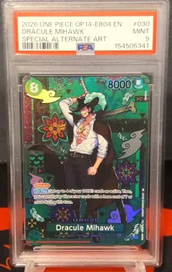ONE PIECE Card Dracule Mihawk SP #030 The Azure Sea's Seven OP14-EB04 PSA MINT 9 - Image 1