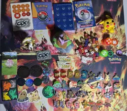 Pokemon Accessories Huge Lot Pins Coins Figures Vintage Counters Stickers Etc. - Image 1
