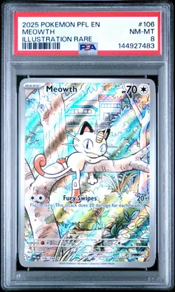 2025 Pokemon Pfl En-Phantasmal Flames #106 Meowth Illustration Rare PSA 8 - Image 1