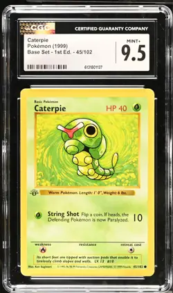 CGC 9.5 MINT+ Caterpie 45/102 1st Edition Shadowless Base Set Pokemon Card - Image 1