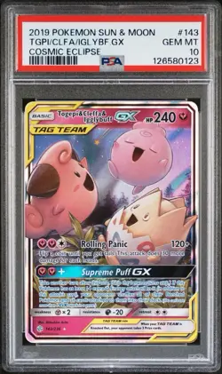2019 POKEMON SUN & MOON COSMIC ECLIPSE TOGEPI & CLEFFA & IGGLYBUFF GX 143 PSA 10 - Image 3