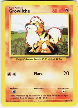 Growlithe 28/102 Uncommon Base Set Unlimited Pokemon LP - Image 1