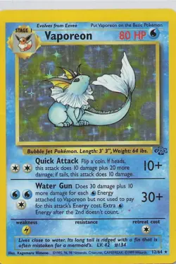 Vaporeon 80 HP Jungle Holo Rare Unlimited 12/64 Stage 1 English Pokemon - Image 1