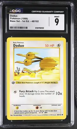 CGC 9 MINT Doduo 48/102 Base Set 1st Edition Shadowless Pokemon Card - Image 1