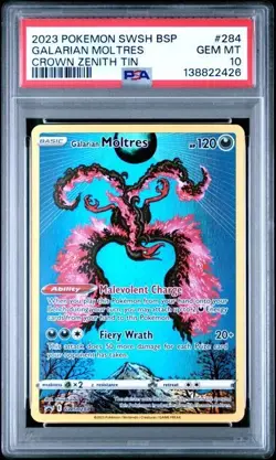 2023 POKEMON SWSH BLACK STAR PROMO CROWN ZENITH TIN #284 GALARIAN MOLTRES PSA 10 - Image 1