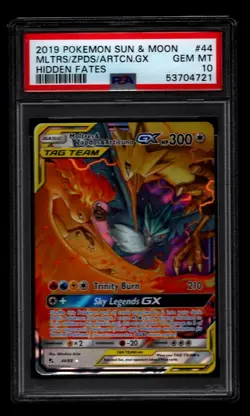 2019 Pokemon Sun & Moon Moltres Zapdos Articuno GX Hidden Fates 44/68 PSA 10 - Image 1