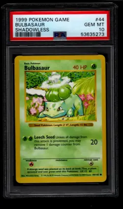 PSA 10 Shadowless Bulbasaur Pokemon Card 44/102 Base Set 1999 WOTC - Image 1