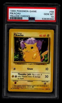 1999 POKEMON BASE SET UNLIMITED YELLOW CHEEKS #58 PIKACHU PSA 10 - Image 1