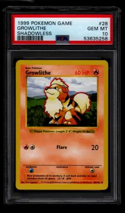 1999 POKEMON GAME BASE SET 28 GROWLITHE SHADOWLESS PSA 10 GEM MINT - Image 1