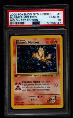 Pokemon 2000 Gym Heros Blaine’s Moltres PSA 10 Holo 1st Edition GEM MINT - Image 1