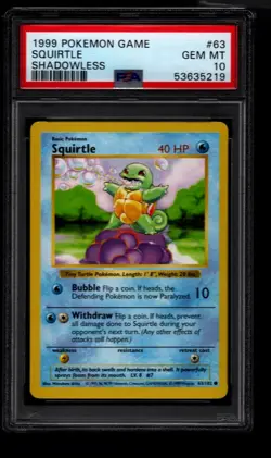 PSA 10 Pokemon SQUIRTLE 63/102 SHADOWLESS BASE SET GEM MINT - Image 1