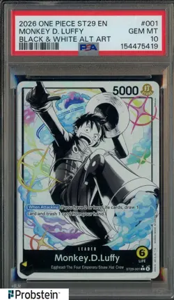 2026 One Piece ST29 EN Black & White Alt Art #001 Monkey D. Luffy PSA 10 - Image 1
