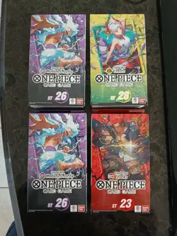 4 one piece starter decks. (1) st-23 (1) st-28 (2) st-26. Contains op-11 packs - Image 1