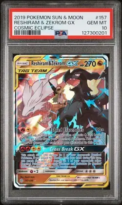 2019 POKEMON SUN & MOON COSMIC ECLIPSE #157 RESHIRAM & ZEKROM GX PSA 10 - Image 1