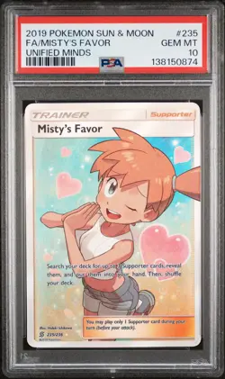 2019 POKEMON SUN & MOON UNIFIED MINDS #235 FULL ART/MISTY'S FAVOR PSA 10 - Image 1