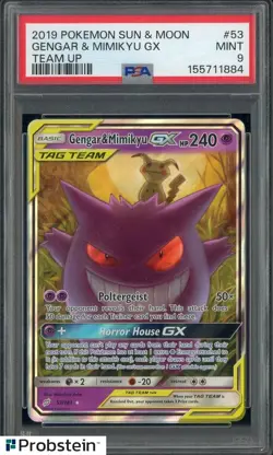 2019 Pokemon Sun & Moon Team Up #53 Gengar & Mimikyu GX PSA 9 MINT - Image 1