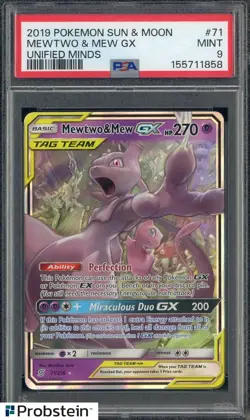 2019 Pokemon Sun & Moon Unified Minds #71 Mewtwo & Mew GX PSA 9 MINT - Image 1