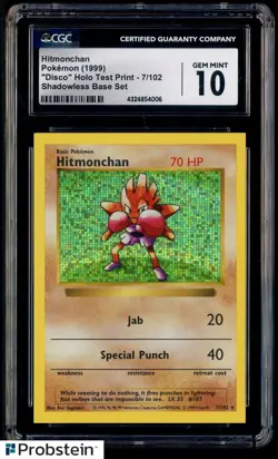 1999 Pokemon Shadowless #7/102 Hitmonchan Disco Holo Test Print CGC 10 GEM MINT - Image 1